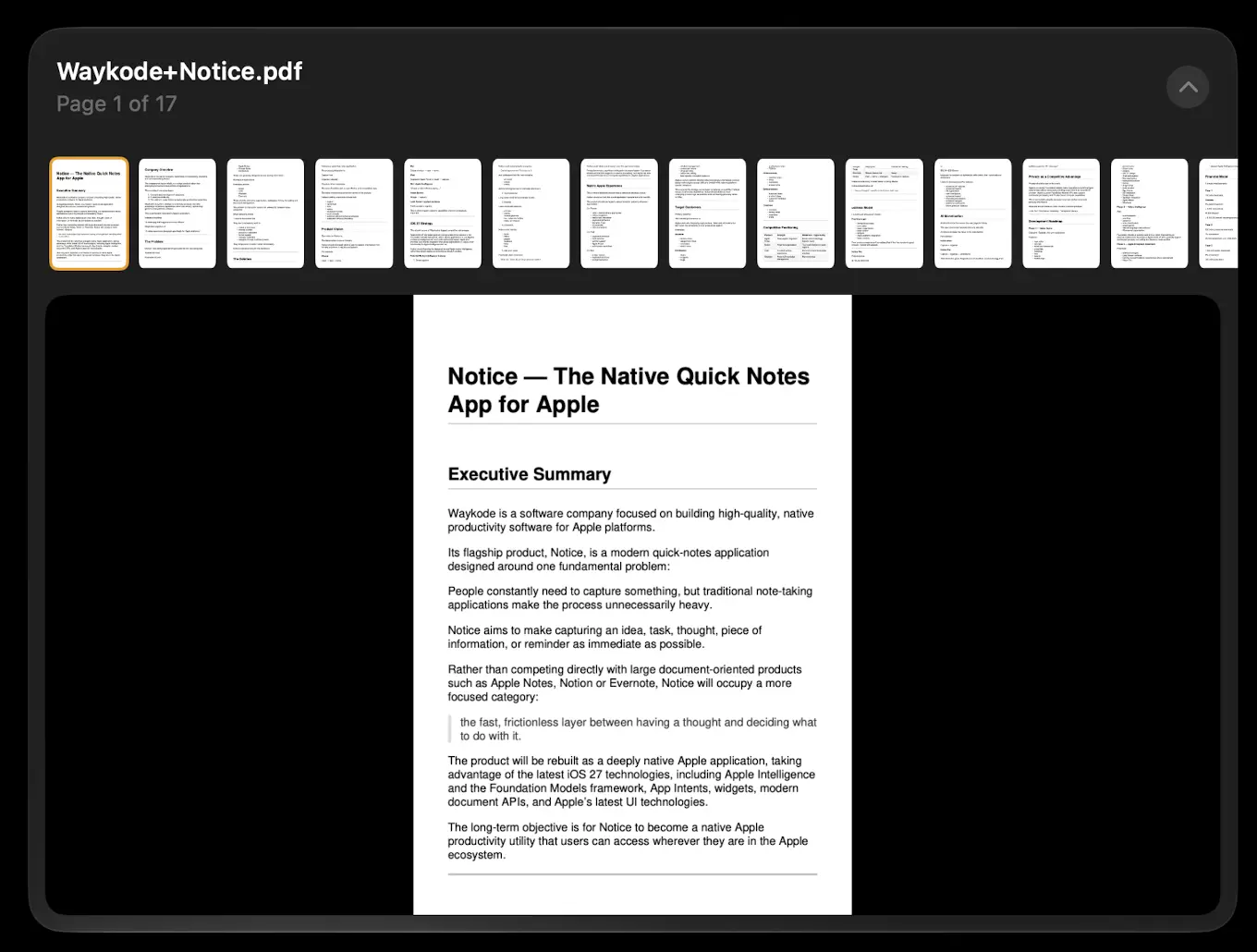 A PDF open inside a Notice2 document, with page thumbnails above the page